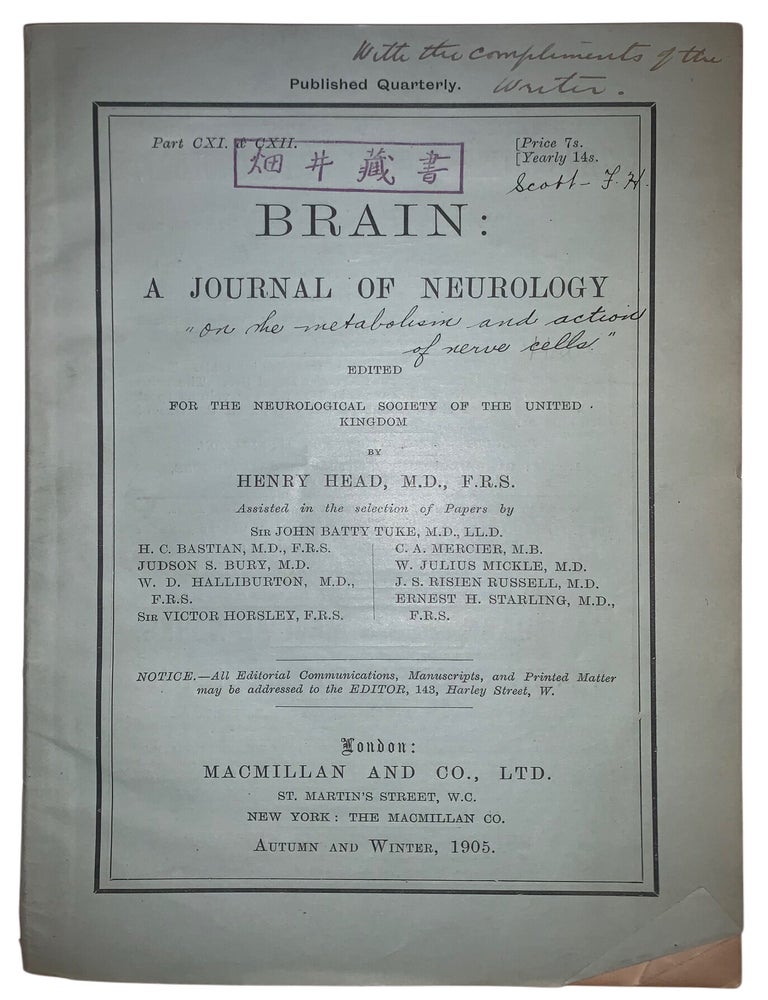 Item #473 On the Metabolism and Action of Nerve Cells. Offprint from Brain: A Journal of Neurology. F. H. Scott.