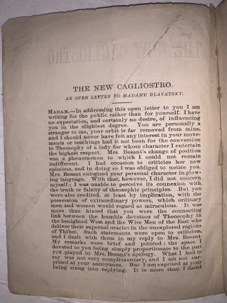 The New Cagliostro: An Open Letter to Madame Blavatsky